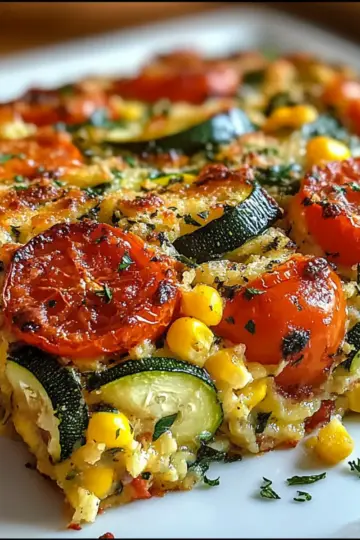 Zucchini Corn Tomato Bake with Parmesan Crust
