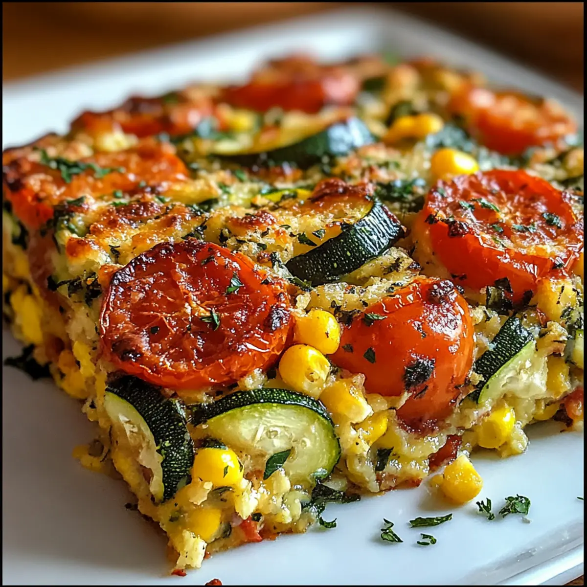 Zucchini Corn Tomato Bake with Parmesan Crust