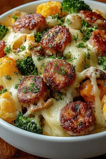 Cheesy Broccoli, Sausage and Cauliflower Casserole
