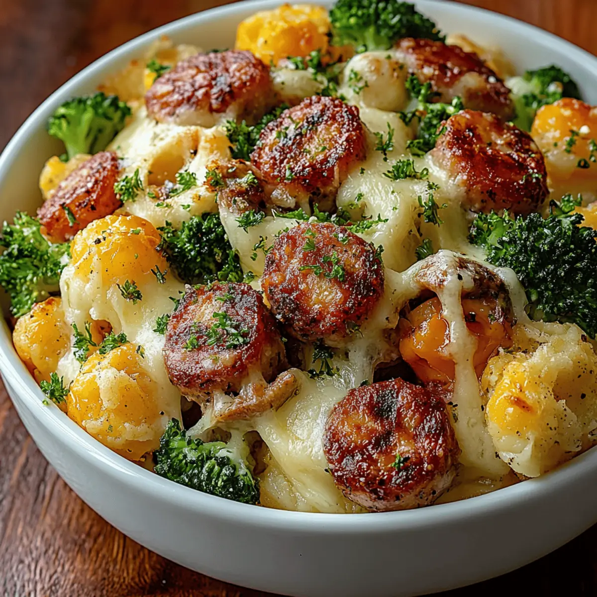 Cheesy Broccoli, Sausage and Cauliflower Casserole