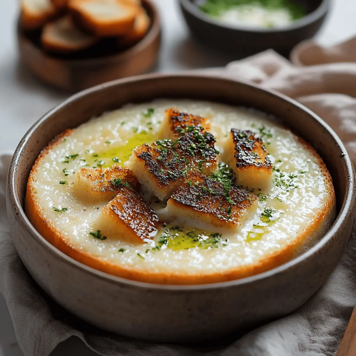 Roasted Garlic Potato Soup with Grilled Cheese Croutons