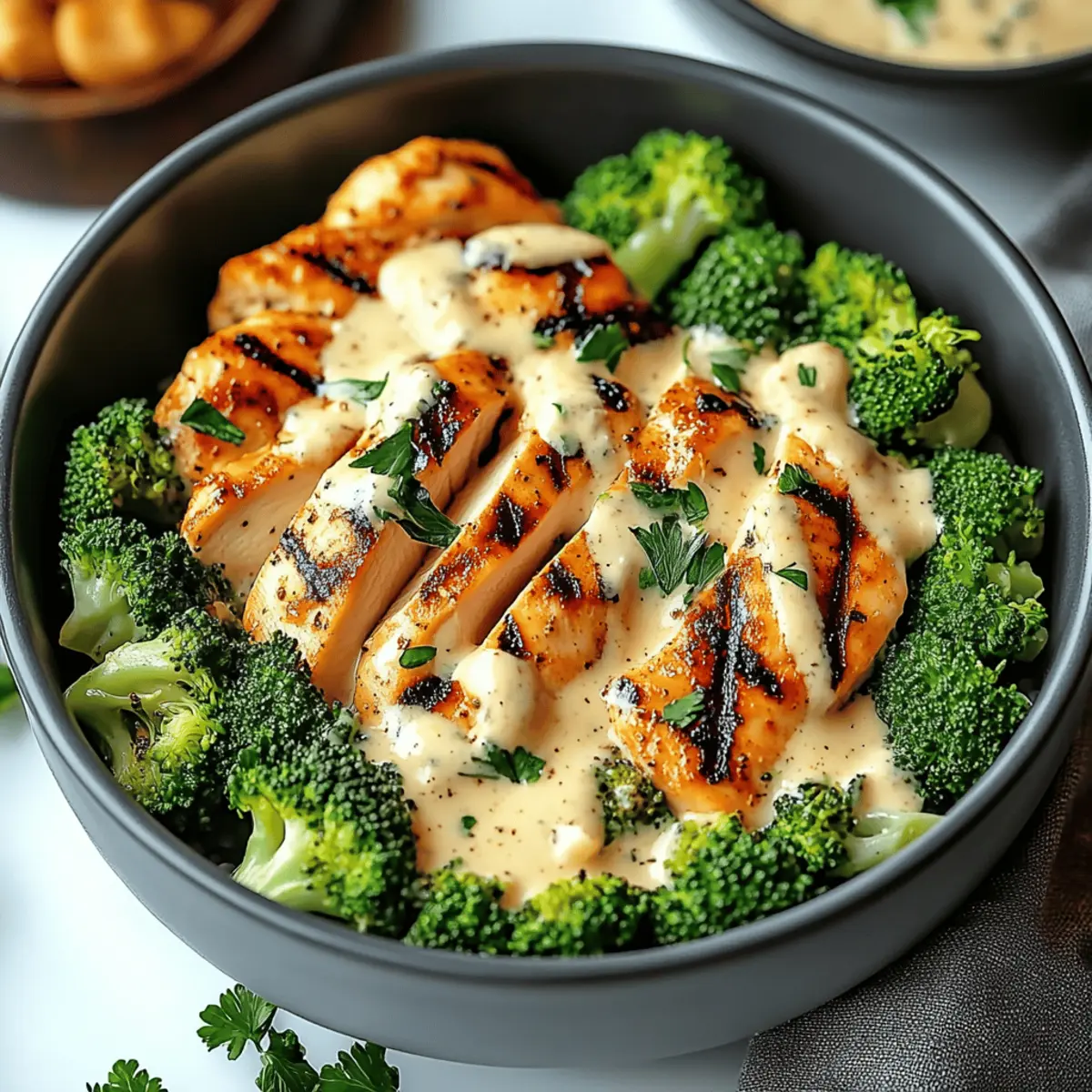 Grilled Chicken & Broccoli Bowls with Creamy Garlic Sauce