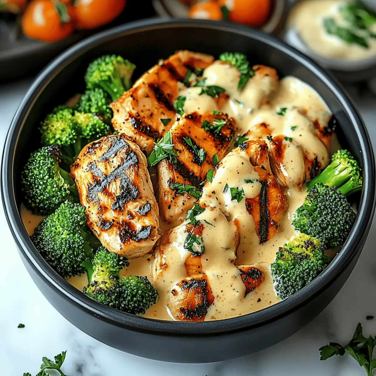 Grilled Chicken & Broccoli Bowls with Creamy Garlic Sauce