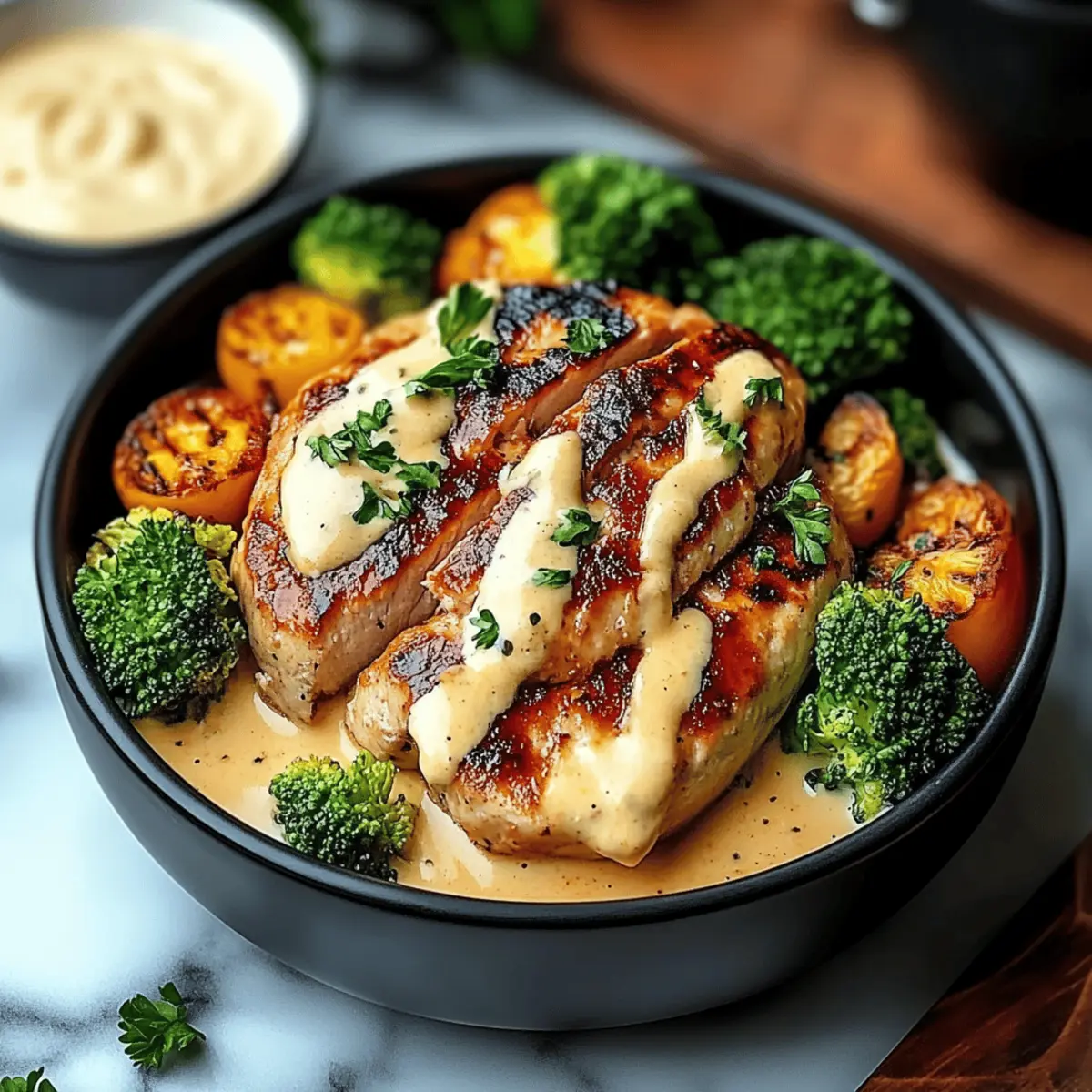 Grilled Chicken & Broccoli Bowls with Creamy Garlic Sauce