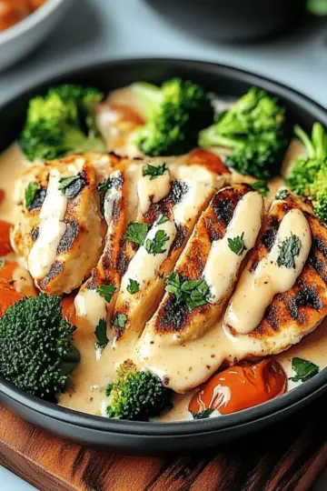Grilled Chicken & Broccoli Bowls with Creamy Garlic Sauce