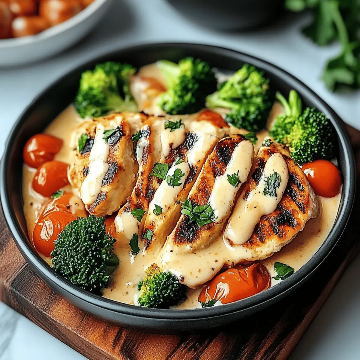 Grilled Chicken & Broccoli Bowls with Creamy Garlic Sauce