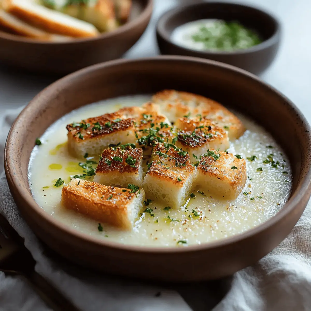 Roasted Garlic Potato Soup with Grilled Cheese Croutons