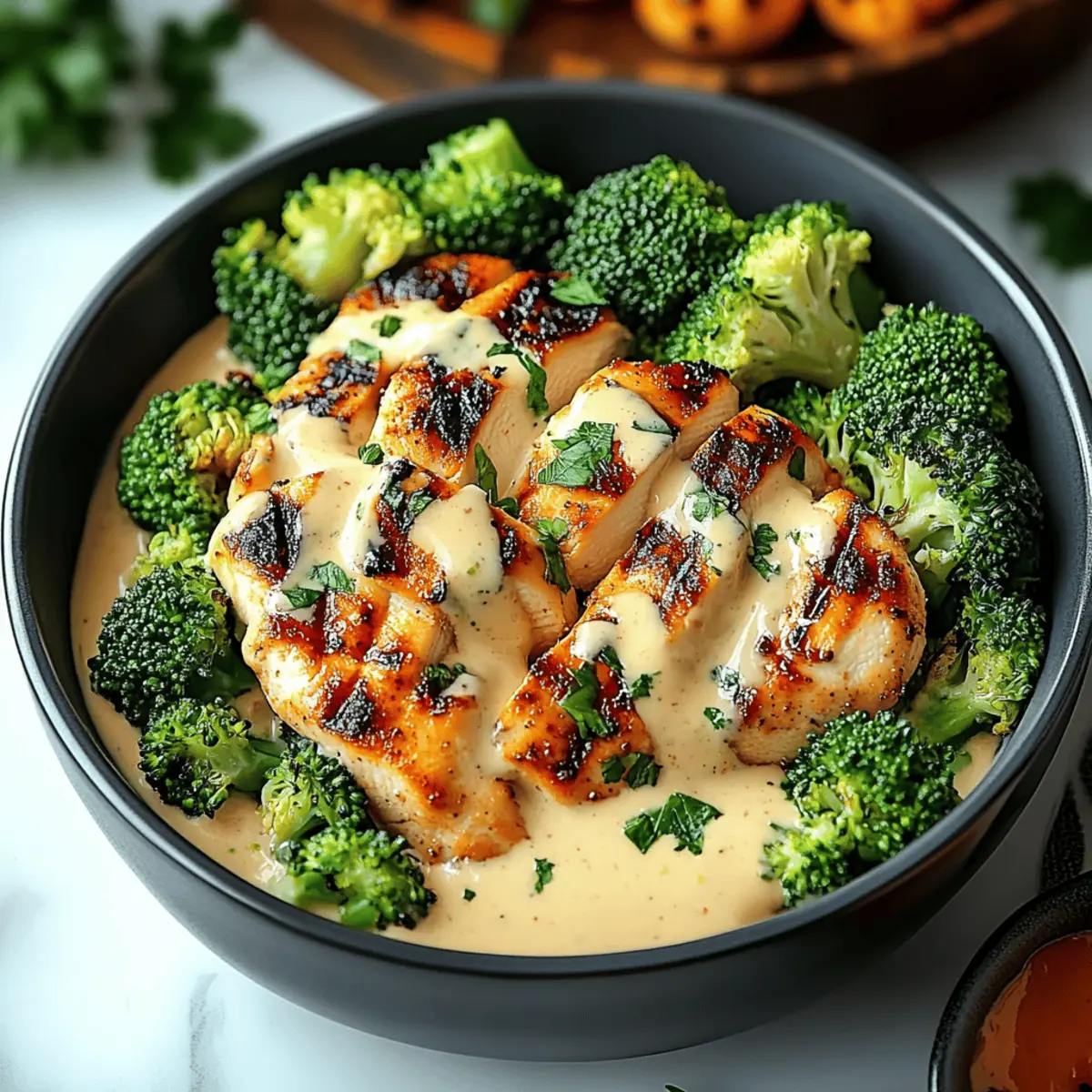 Grilled Chicken & Broccoli Bowls with Creamy Garlic Sauce