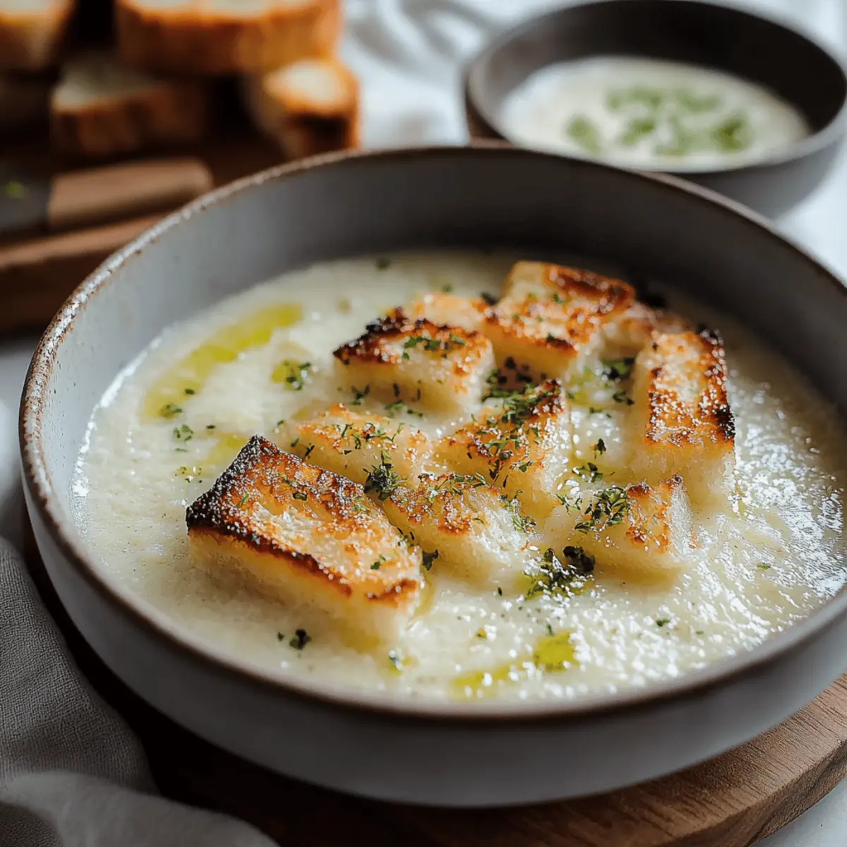 Roasted Garlic Potato Soup with Grilled Cheese Croutons
