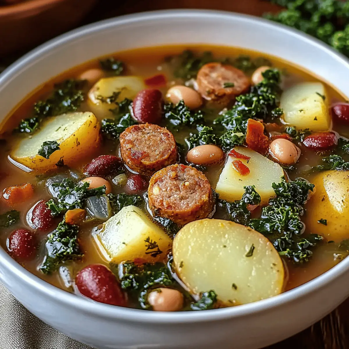 Hearty Sausage Soup with Potatoes, Beans, and Kale
