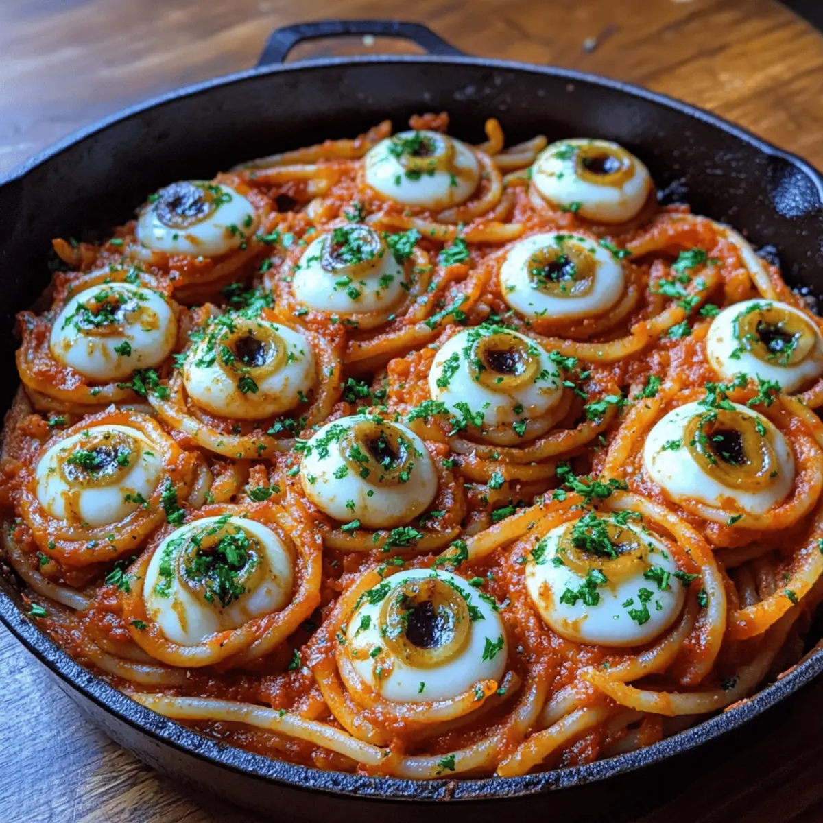 Bloody Spaghetti with Mozzarella Eyeballs
