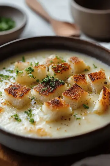 Roasted Garlic Potato Soup with Grilled Cheese Croutons