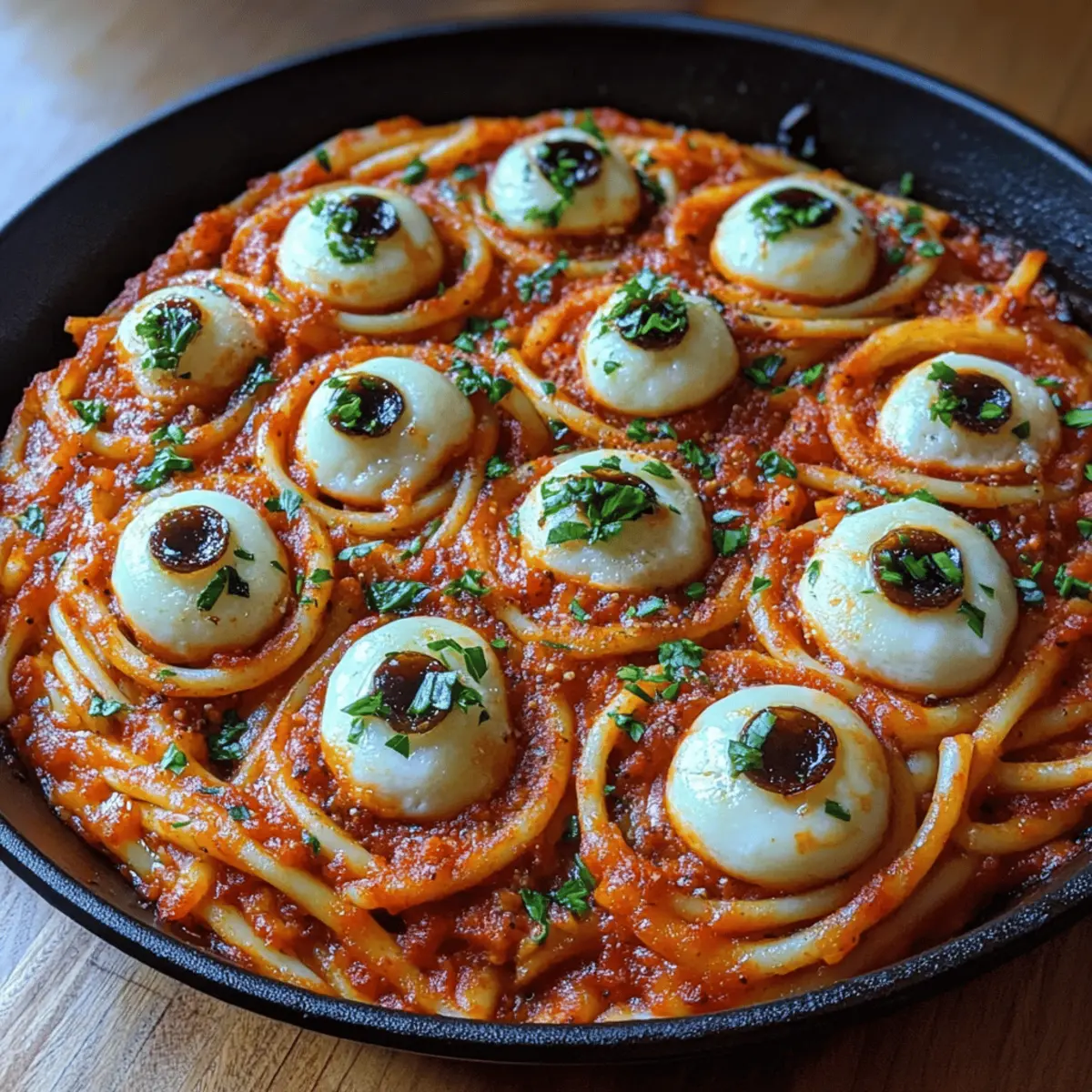 Bloody Spaghetti with Mozzarella Eyeballs