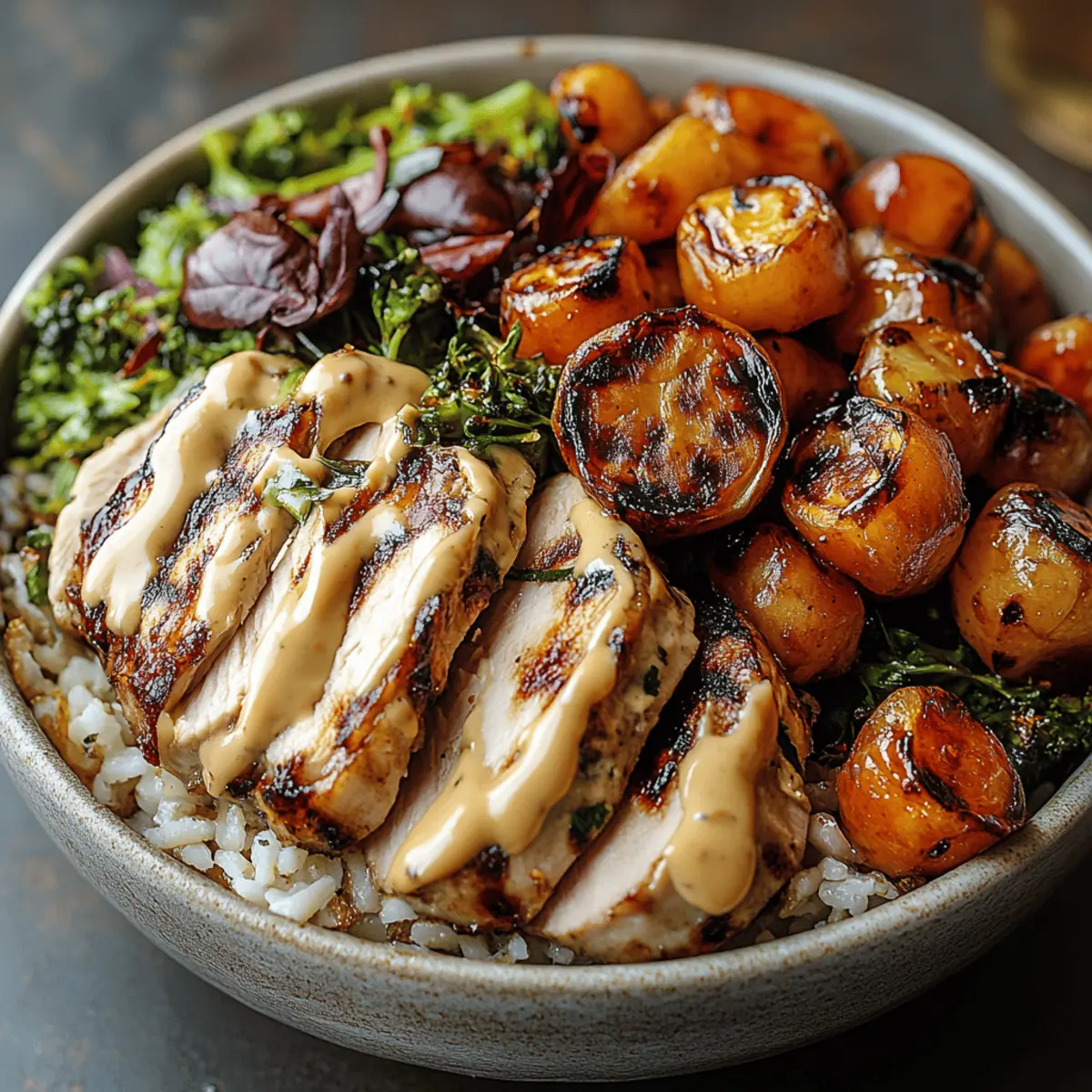 Maple Dijon Chicken & Roasted Sweet Potato Bowls