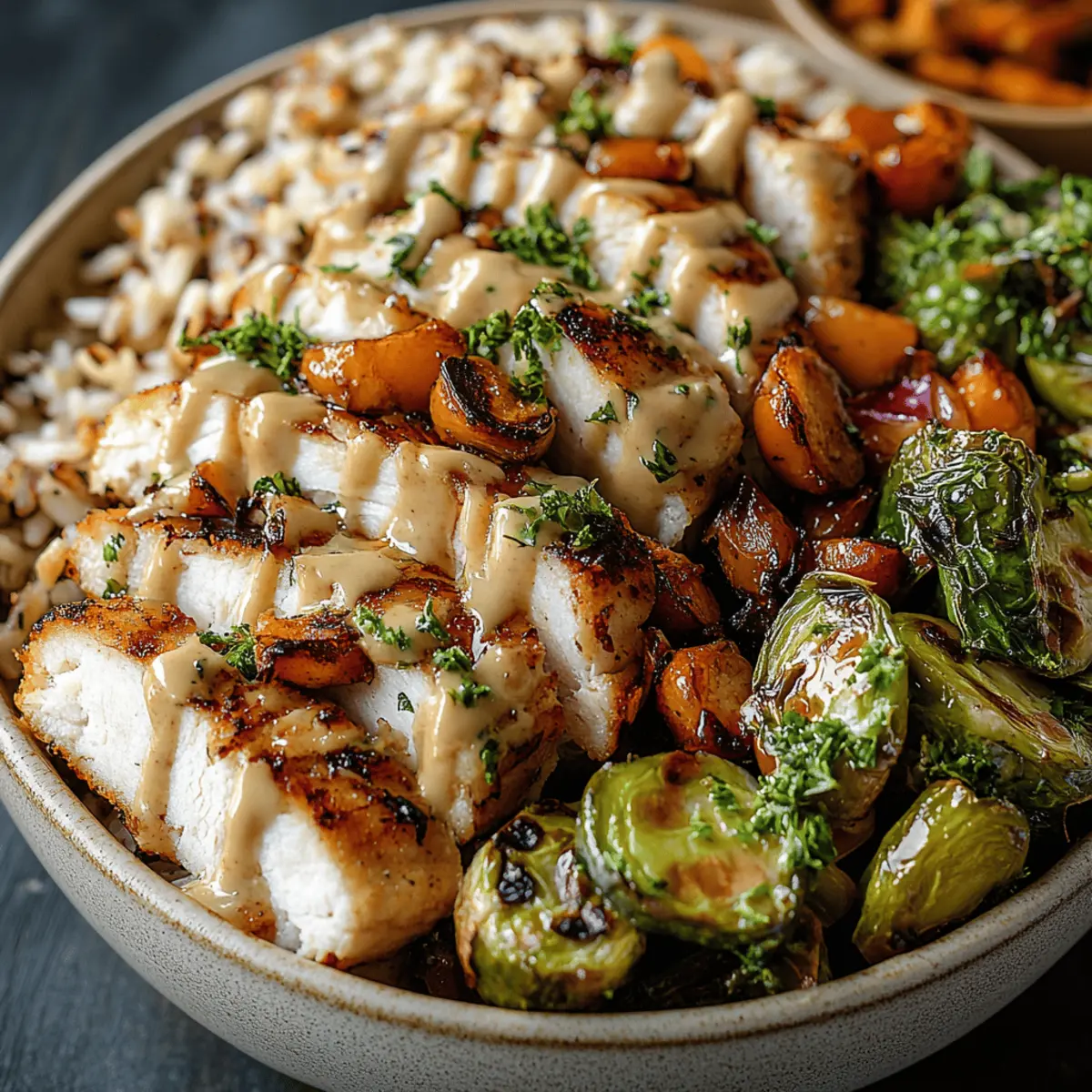 Maple Dijon Chicken & Roasted Sweet Potato Bowls
