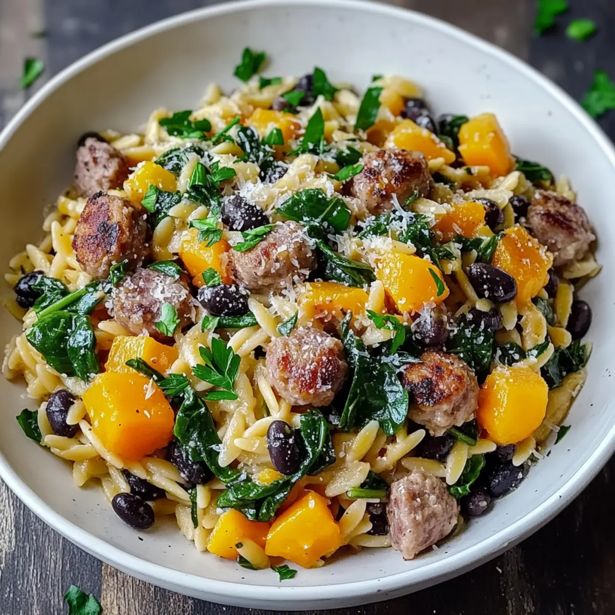 Butternut Squash and Black Bean Orzo with Sausage and Spinach