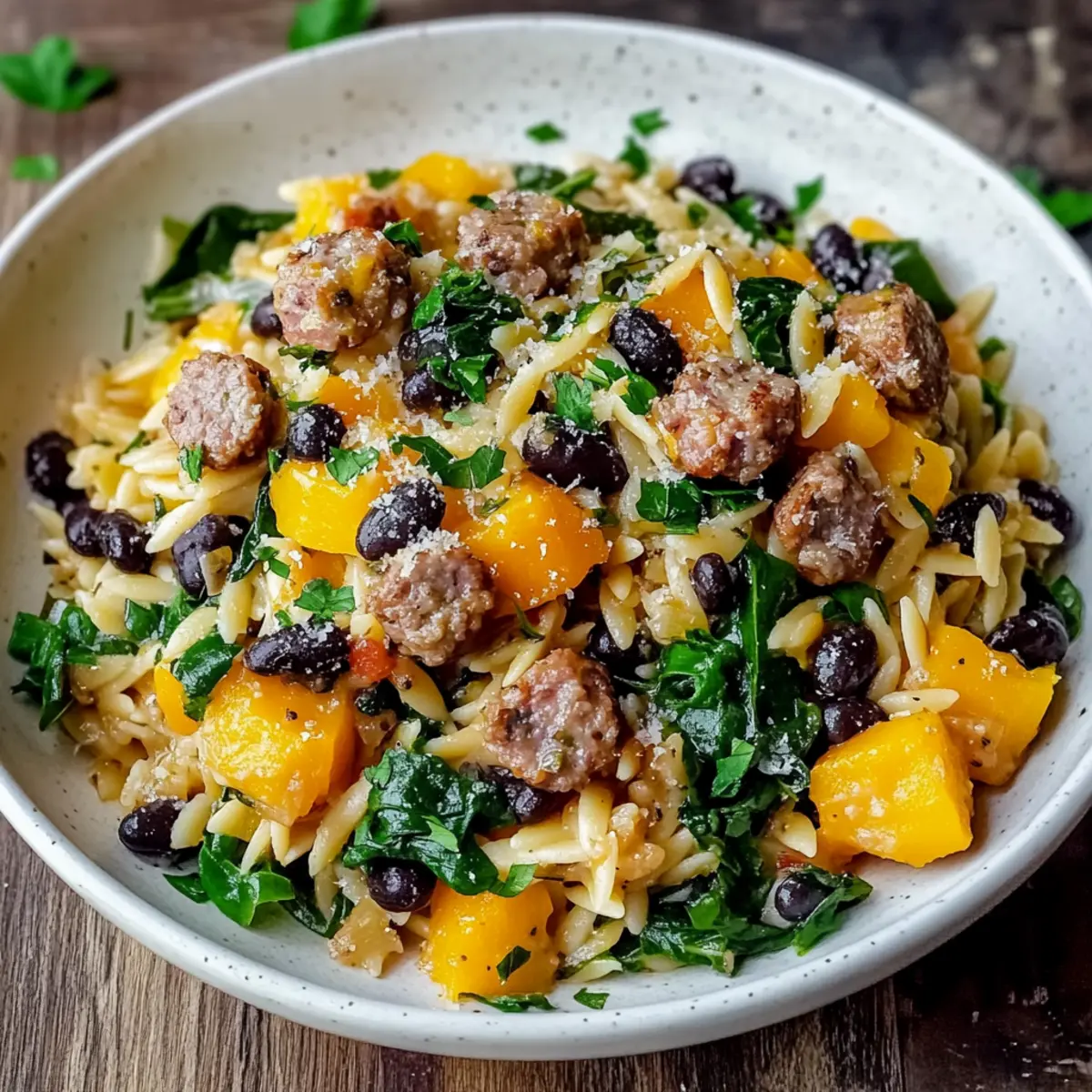Butternut Squash and Black Bean Orzo with Sausage and Spinach