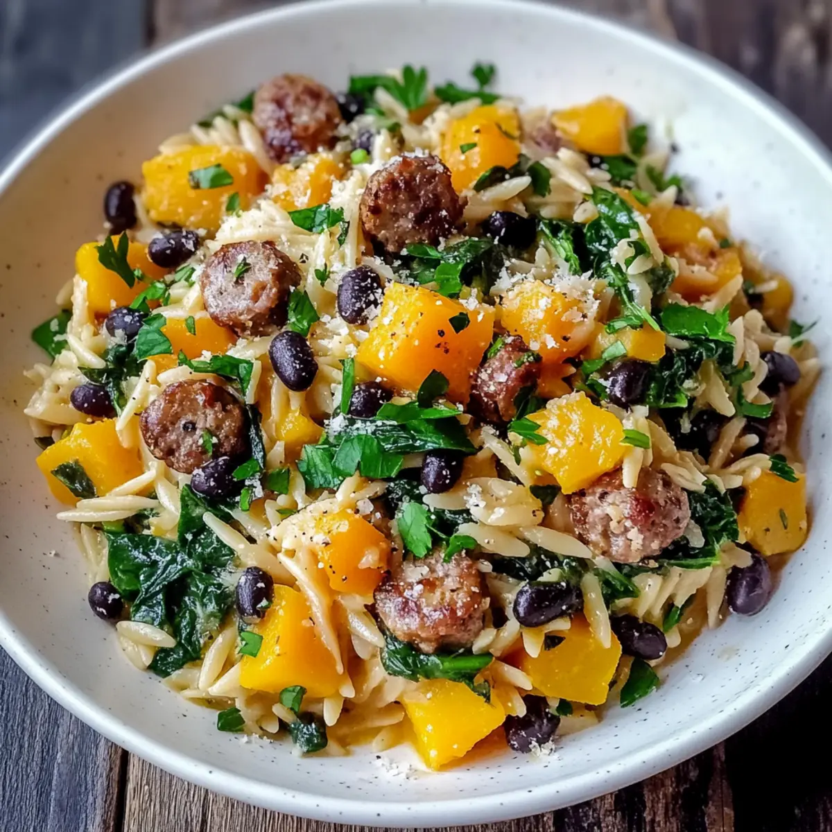Butternut Squash and Black Bean Orzo with Sausage and Spinach
