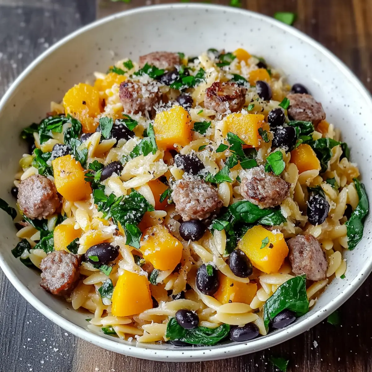 Butternut Squash and Black Bean Orzo with Sausage and Spinach