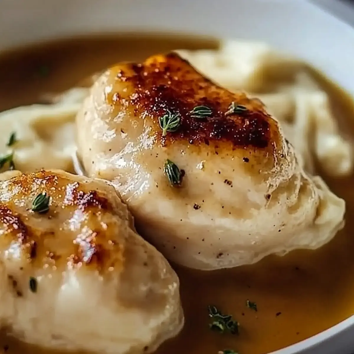 Chicken and Garlic Gravy with Cheesy Mashed Potatoes