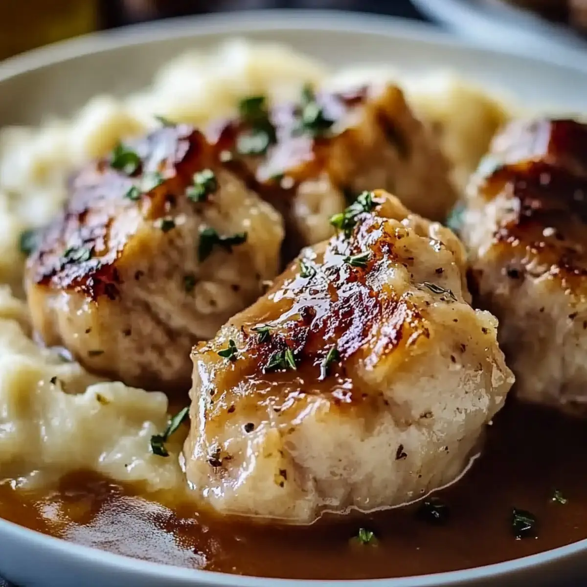 Chicken and Garlic Gravy with Cheesy Mashed Potatoes
