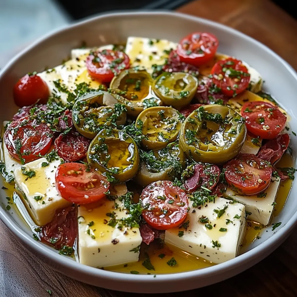 Marinated Cheese Appetizer with Salami & Green Olives