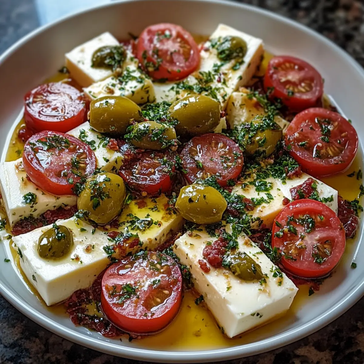Marinated Cheese Appetizer with Salami & Green Olives