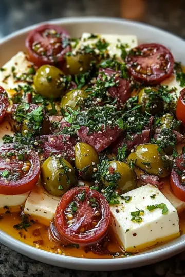 Marinated Cheese Appetizer with Salami & Green Olives