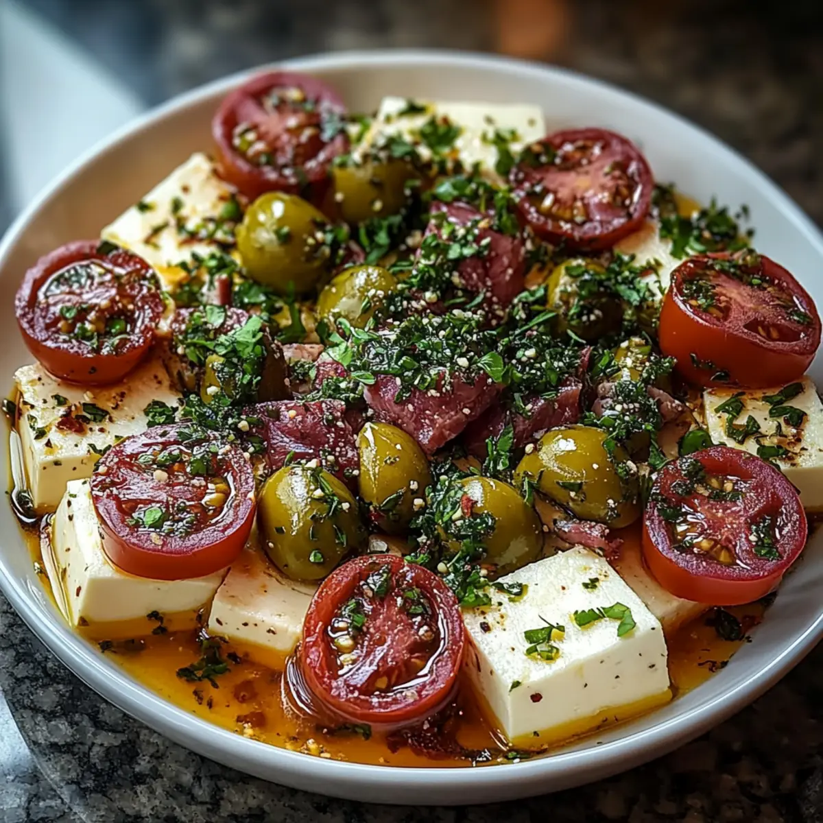Marinated Cheese Appetizer with Salami & Green Olives