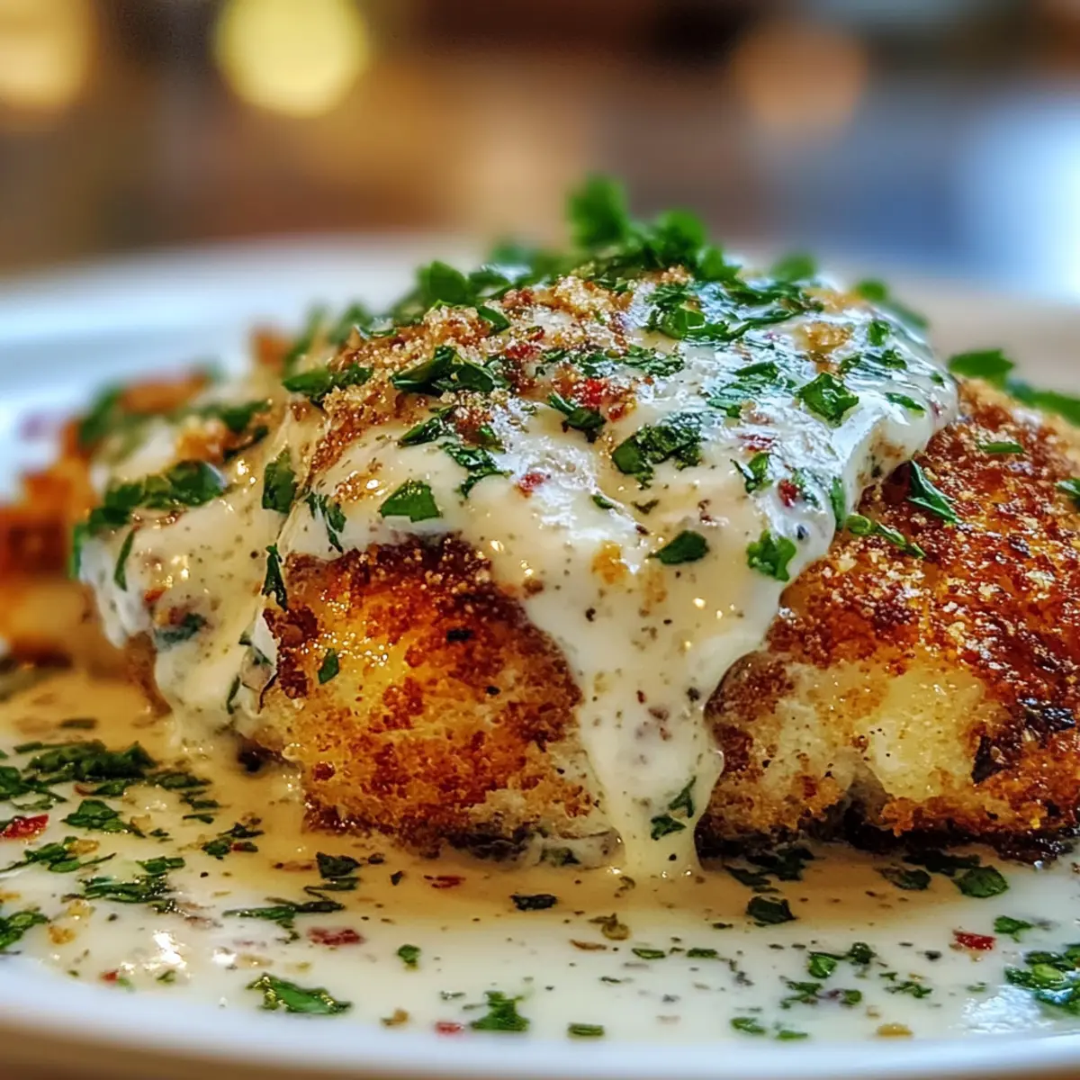 Crispy Herb-Crusted Chicken Romano with Tangy Parmesan Cream Sauce