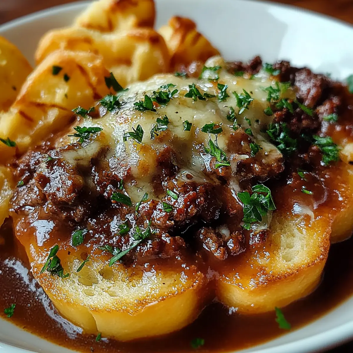 French Onion Beef Stew with Cheesy Bread Topping