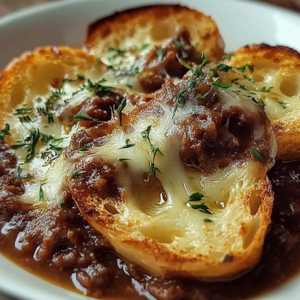 French Onion Beef Stew with Cheesy Bread Topping