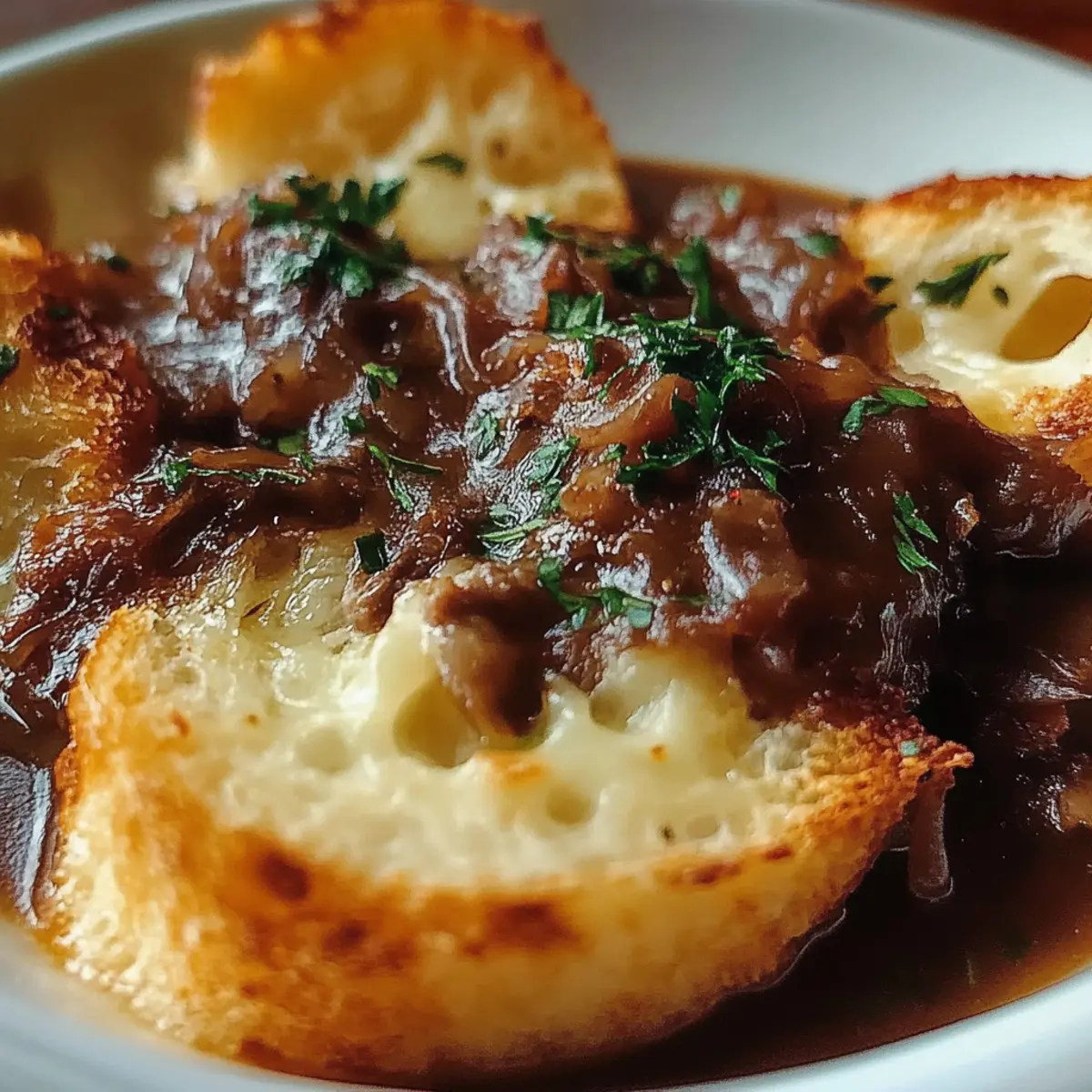French Onion Beef Stew with Cheesy Bread Topping