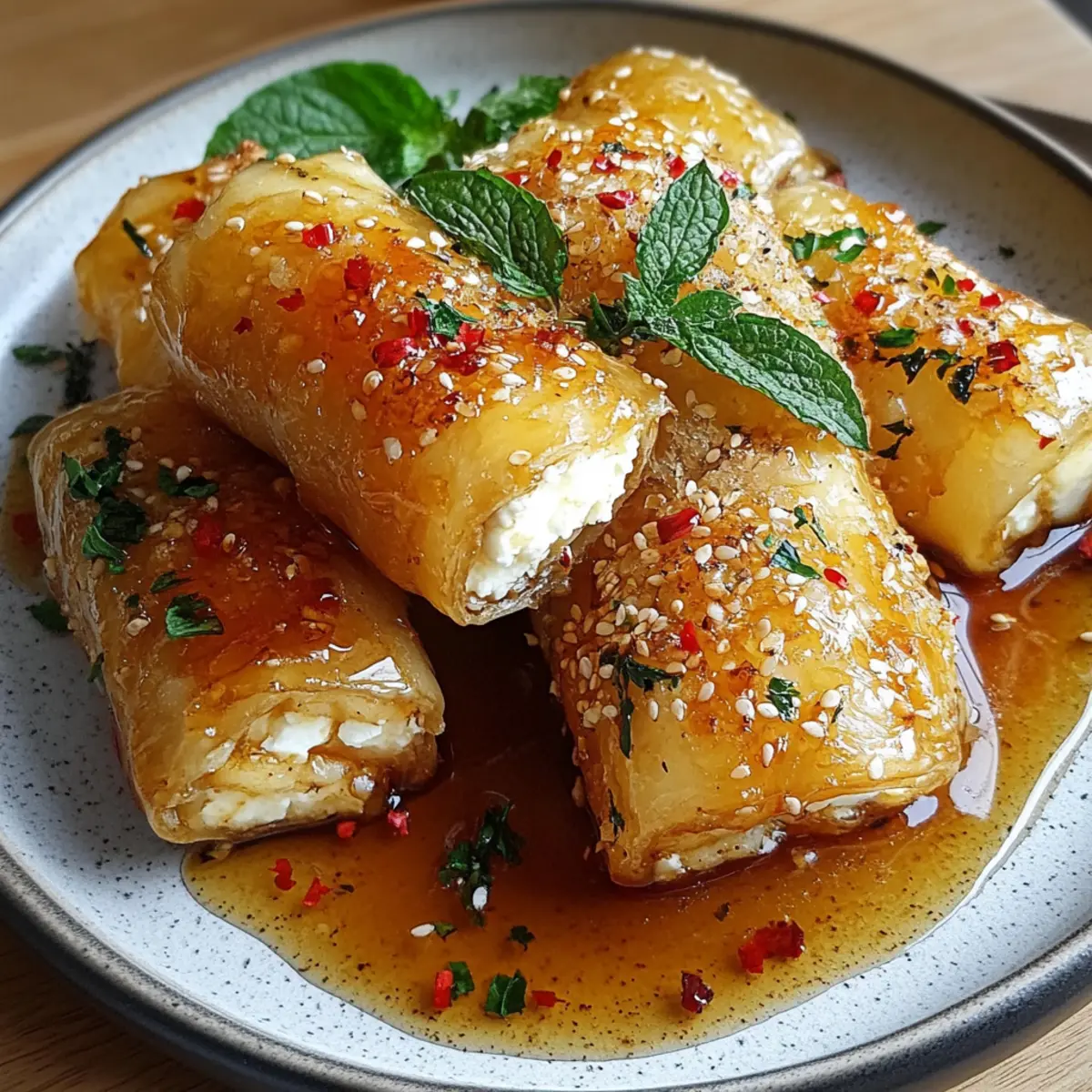 Oven Fried Feta Rolls with Chili Honey
