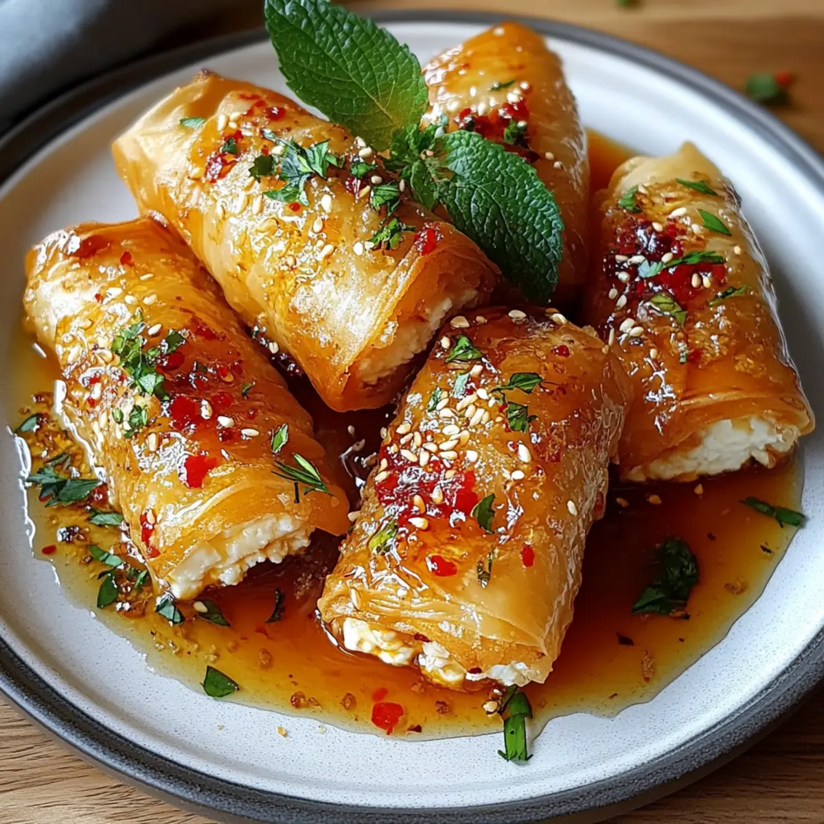 Oven Fried Feta Rolls with Chili Honey