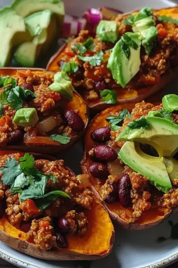 Avocado Turkey Chili Stuffed Sweet Potatoes