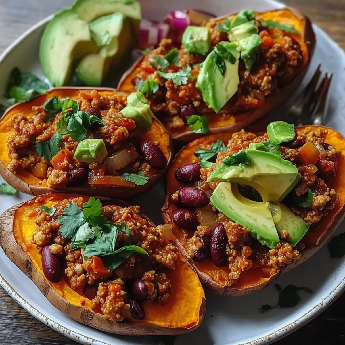 Avocado Turkey Chili Stuffed Sweet Potatoes