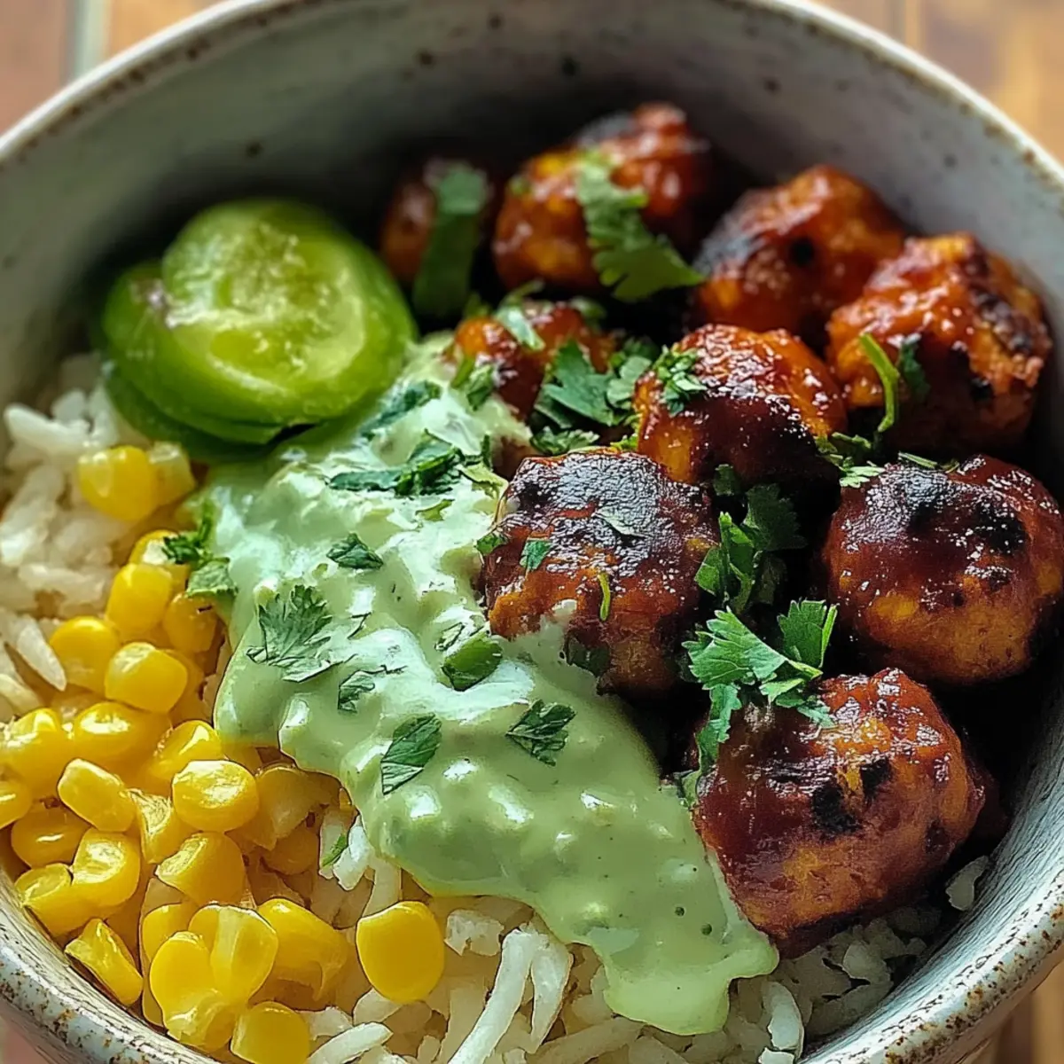 Barbecue Meatball Bowls with Avocado Goddess Sauce