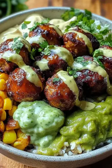 Barbecue Meatball Bowls with Avocado Goddess Sauce