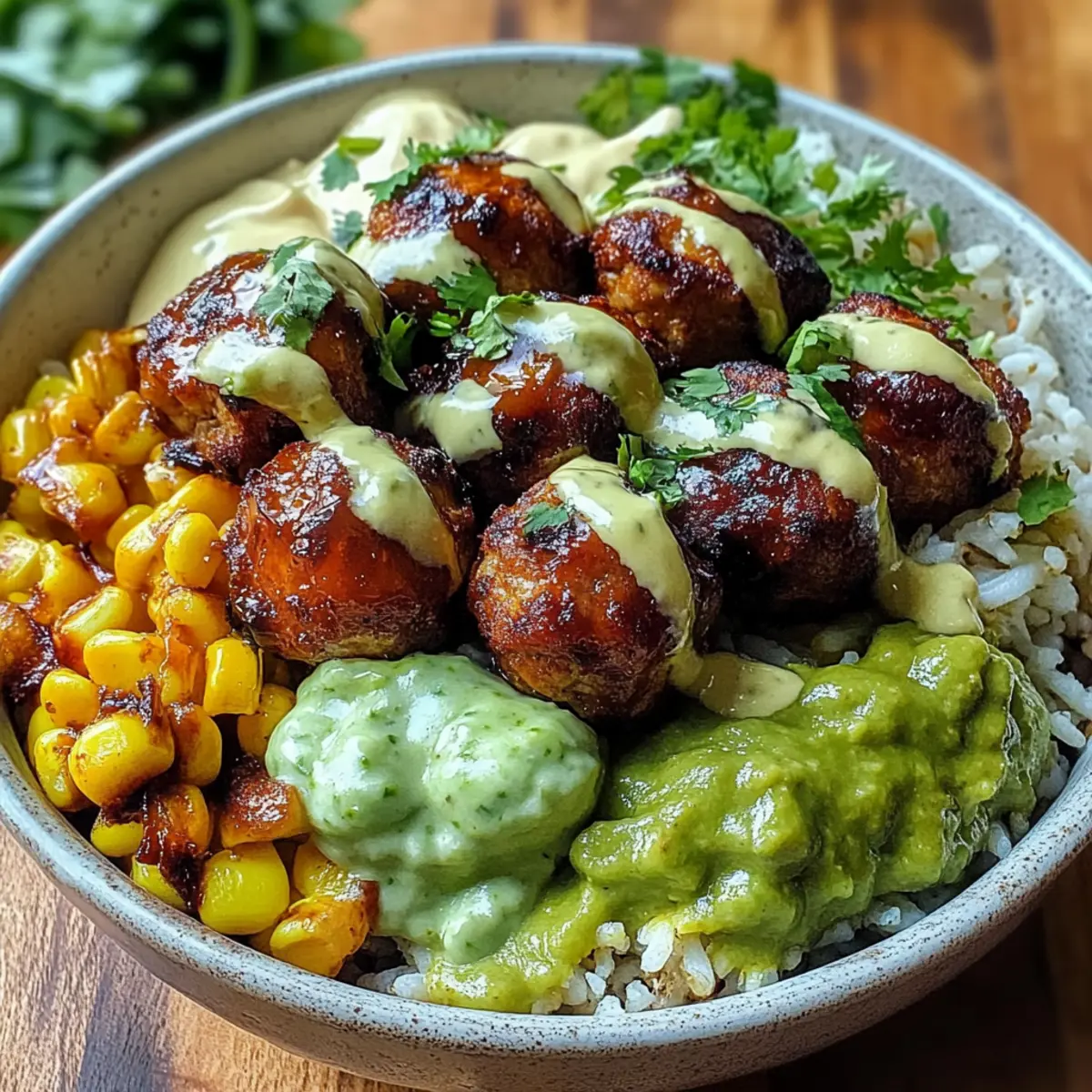 Barbecue Meatball Bowls with Avocado Goddess Sauce