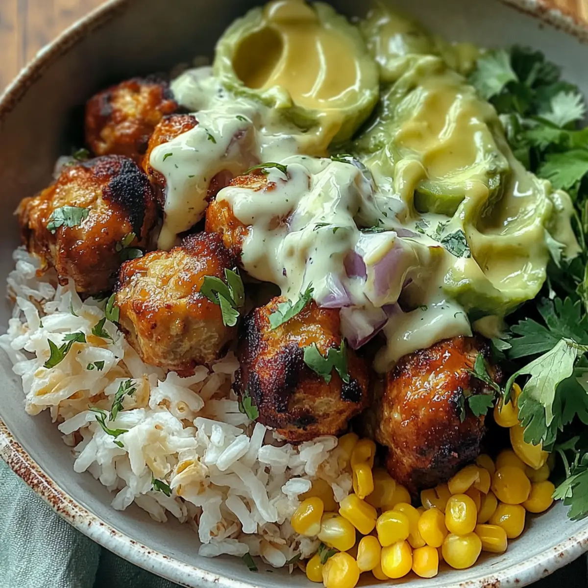 Barbecue Meatball Bowls with Avocado Goddess Sauce
