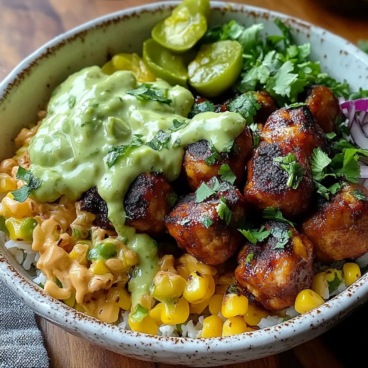 Barbecue Meatball Bowls with Avocado Goddess Sauce