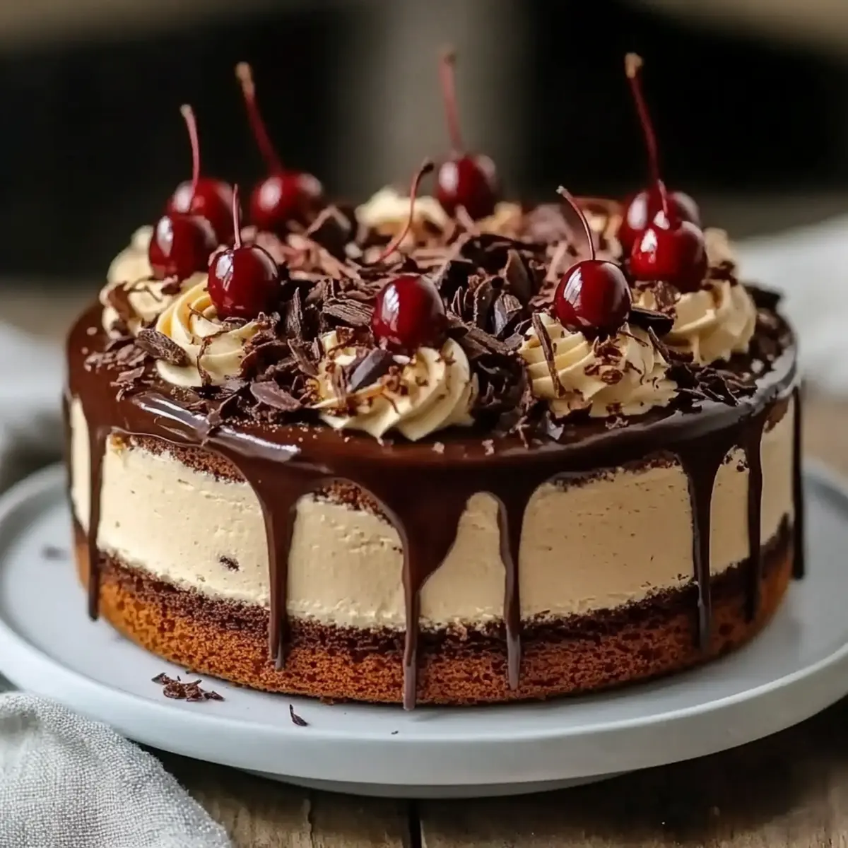 Black Forest Chocolate Vanilla Cherry Mascarpone Layer Cake with Chocolate Ganache
