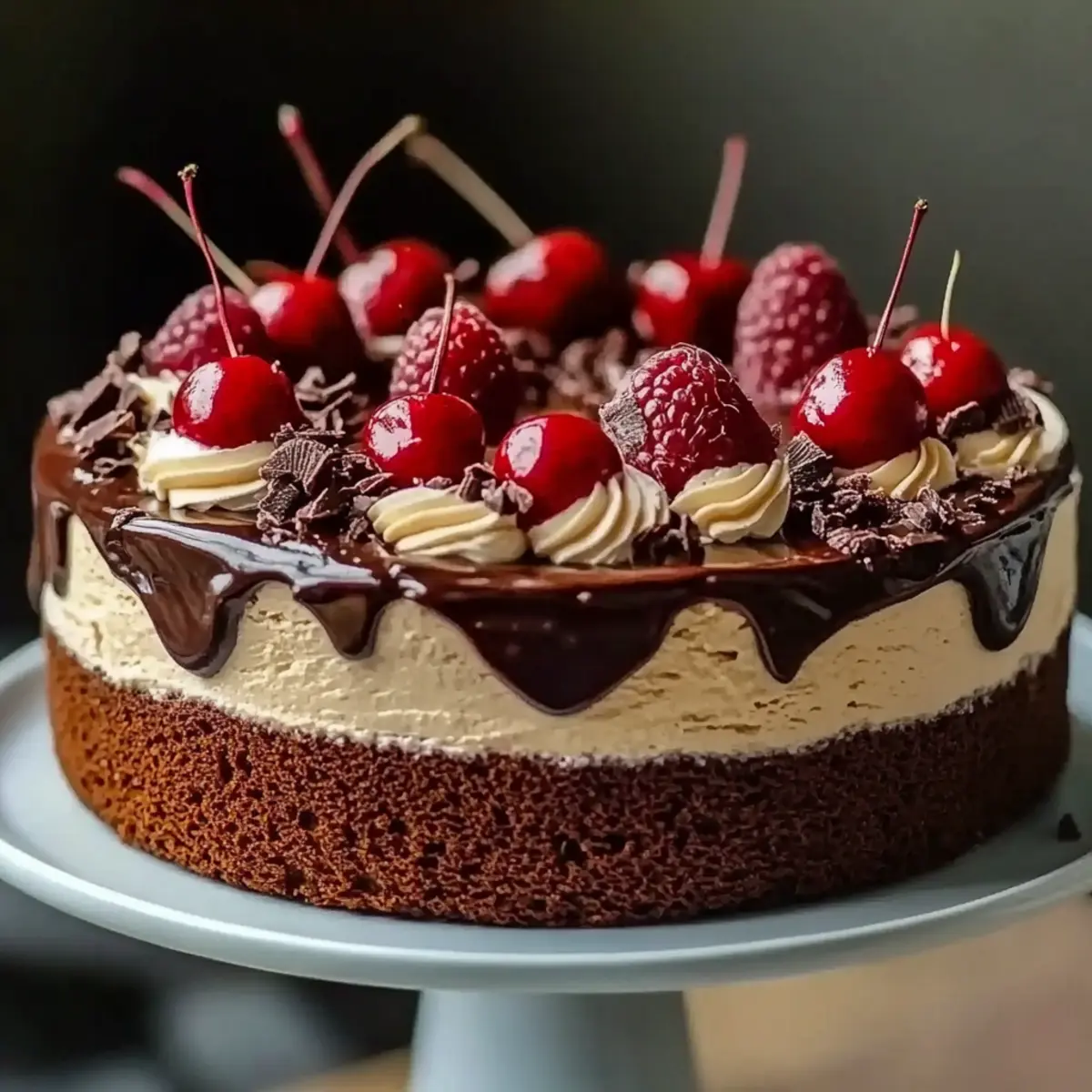 Black Forest Chocolate Vanilla Cherry Mascarpone Layer Cake with Chocolate Ganache