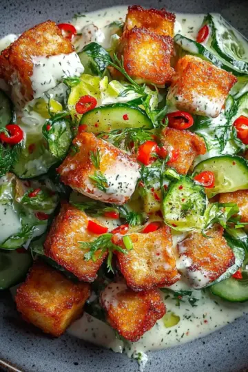 Creamy Asian Cucumber Salad with Crispy Tofu