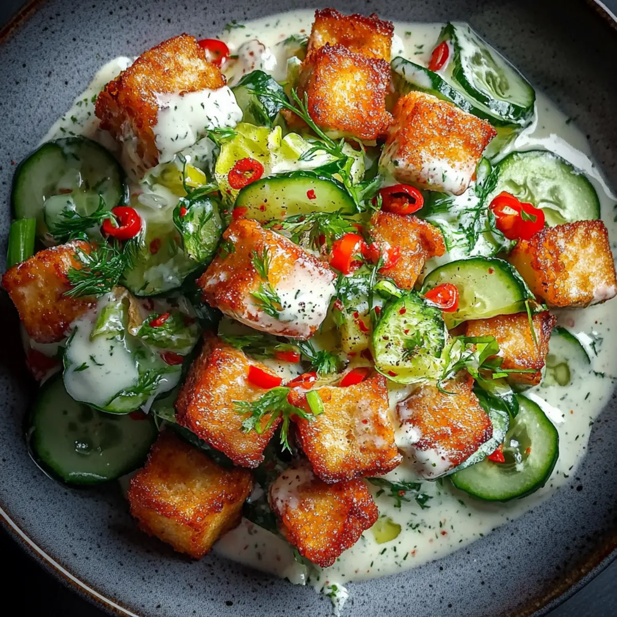 Creamy Asian Cucumber Salad with Crispy Tofu