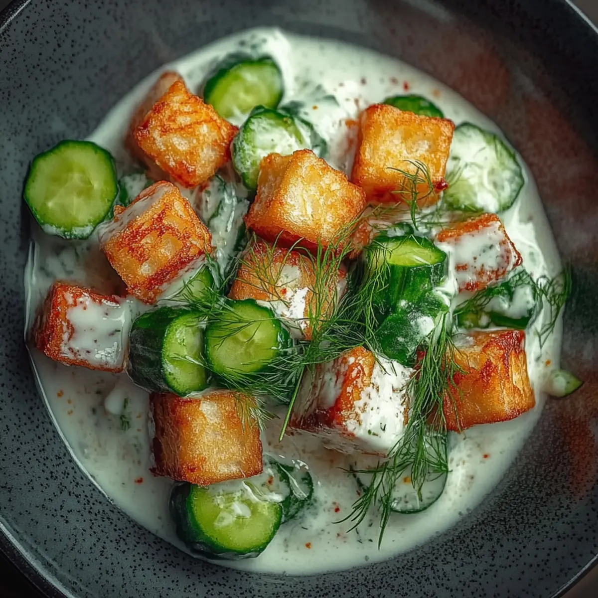 Creamy Asian Cucumber Salad with Crispy Tofu