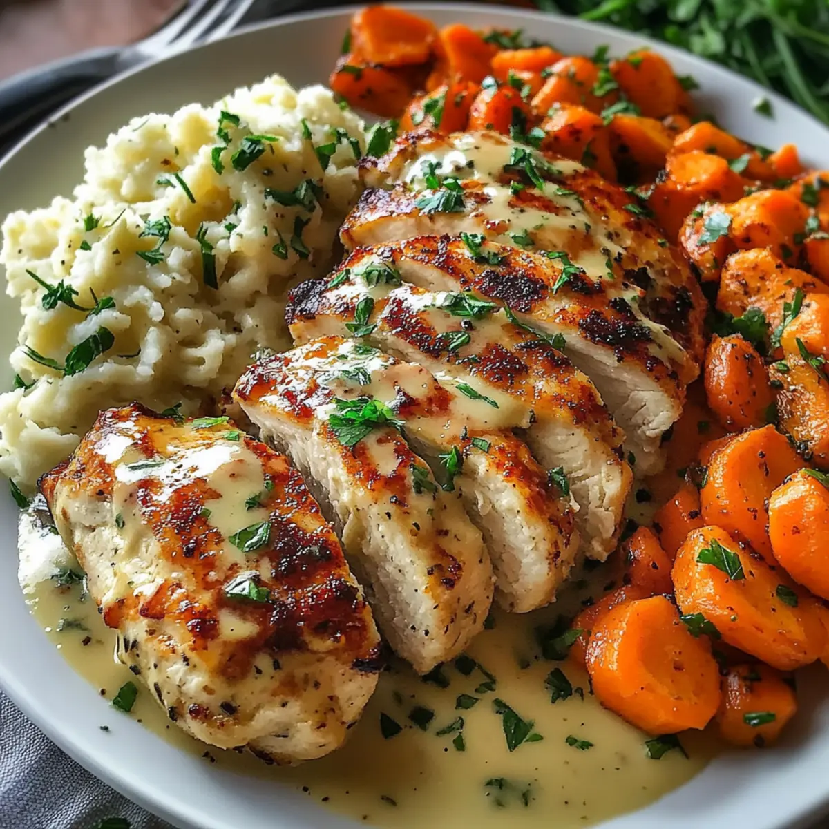 Creamy Herb Chicken with Mashed Potatoes and Glazed Carrots