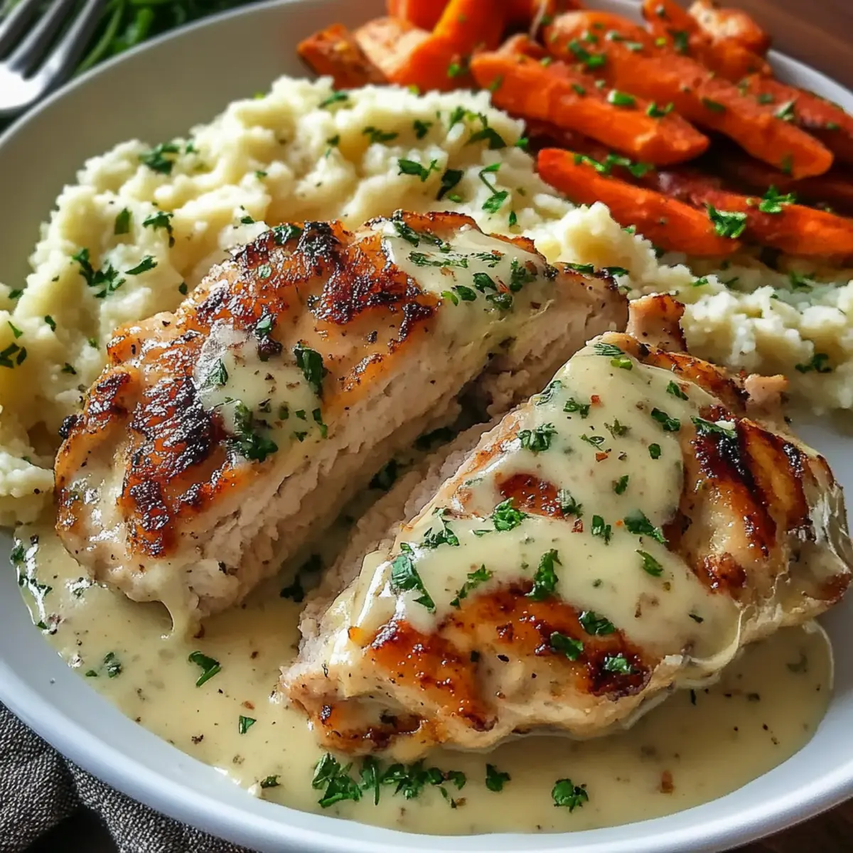 Creamy Herb Chicken with Mashed Potatoes and Glazed Carrots