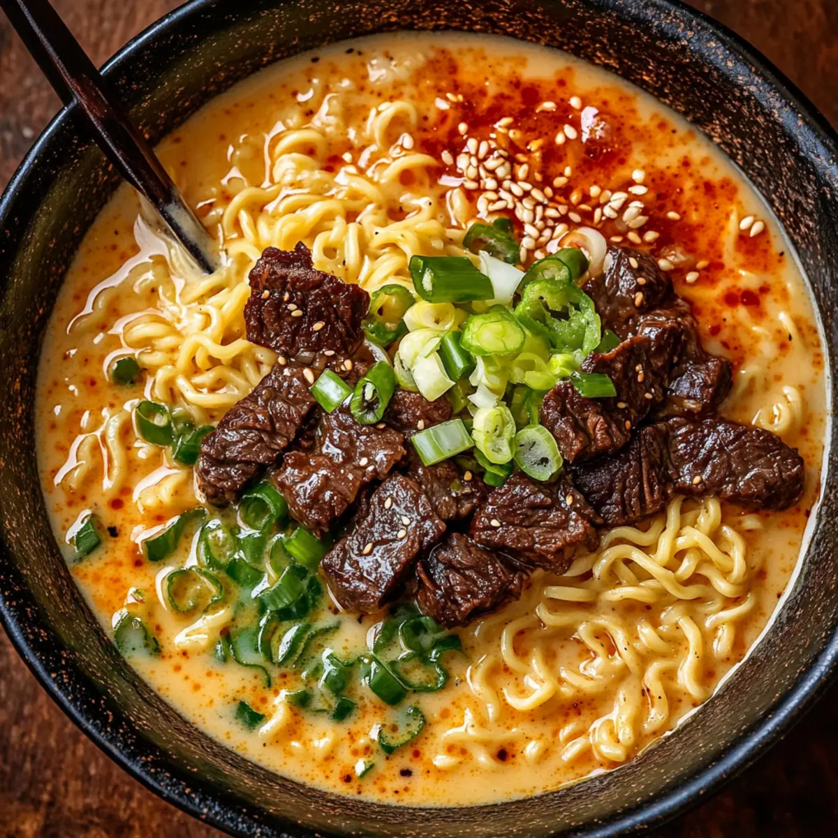 Spicy Korean Ramen with Grilled Beef and Creamy Sauce